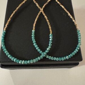 Gold Teardrop Hoop Earrings Jade Beads Metal Jewelry Hook Closure